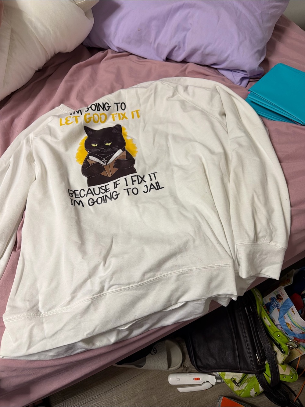 White Cat Graphic Pet Sweatshirt - Funny 'Let God Fix It' Design